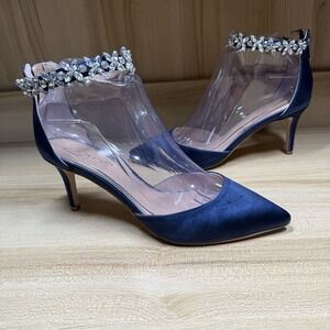 Jewel Badgley Mischka Raleigh Pointed Toe Kitten D'Orsay Jeweled Satin Navy Sz 6